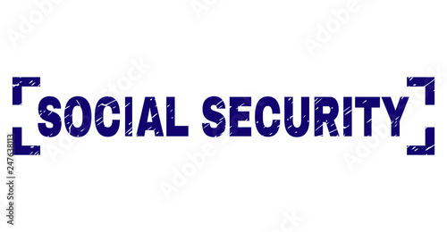 SOCIAL SECURITY label seal print with distress style. Text label is placed inside corners. Blue vector rubber print of SOCIAL SECURITY with unclean texture.