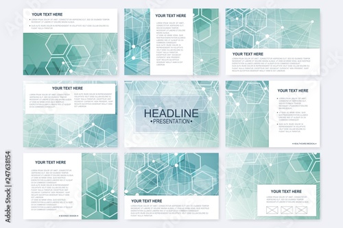 Big set of vector templates for presentation slides. Modern graphic background structure molecule and communication. Scientific pattern atom DNA. Medical, science, chemistry design.