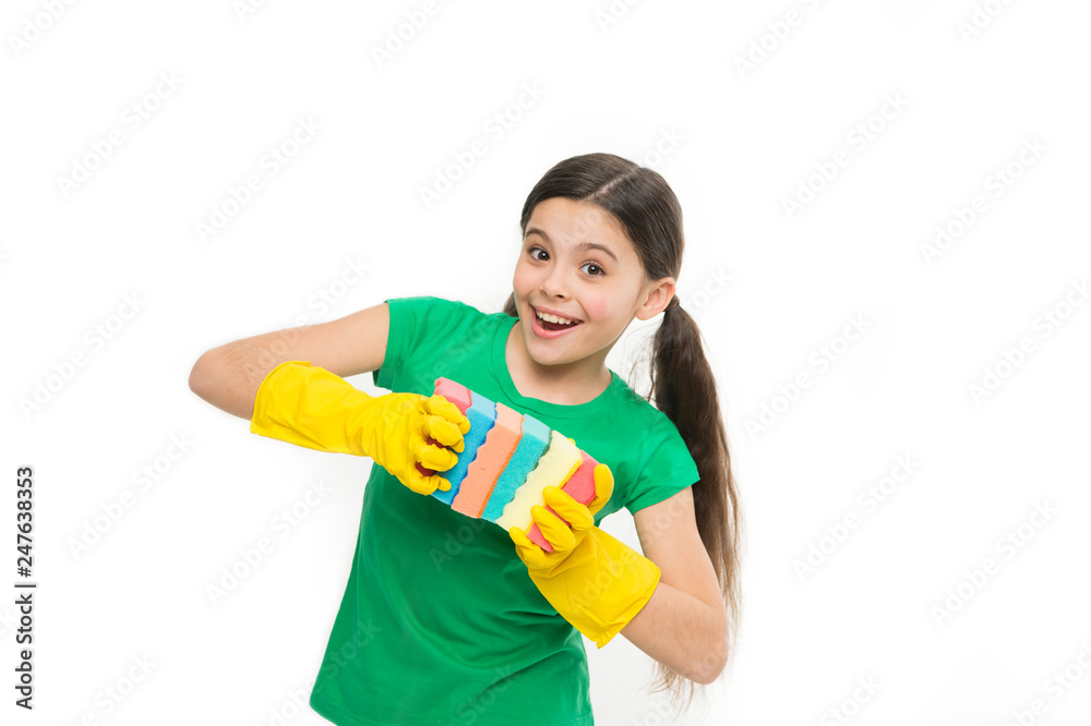 Cleaning could be fun. Housekeeping duties. Wash dishes. Cleaning with sponge. Cleaning supplies. Girl in rubber gloves for cleaning hold many colorful sponges white background. Help clean up Cleaning could be fun. Housekeeping duties. Wash dishes. Cleaning with sponge. Cleaning supplies. Girl in rubber gloves for cleaning hold many colorful sponges white background. Help clean up