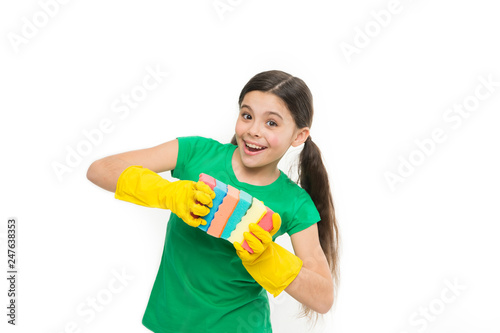 Cleaning could be fun. Housekeeping duties. Wash dishes. Cleaning with sponge. Cleaning supplies. Girl in rubber gloves for cleaning hold many colorful sponges white background. Help clean up