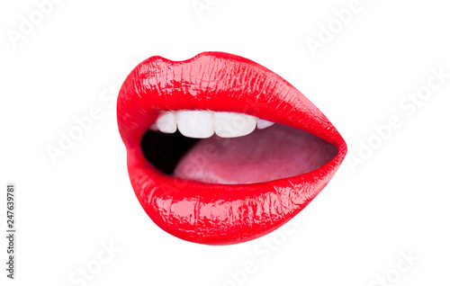 Lips  tongue and teeth of a young girl with a red lipstick. Lips mouth  set of three sexy female lips with different emotions isolated on white background.