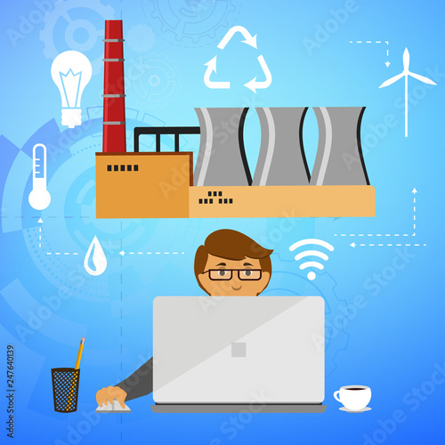 Eco friendly factory on a digital touch screen tablet