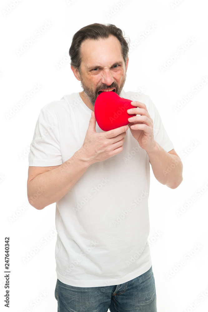 Celebrate valentines day. Love and romantic feelings concept. Fall in love. Me to you. Heart attribute of valentine. Heart gift or present. Greeting from sincere heart. Man bearded hipster hold heart Celebrate valentines day. Love and romantic feelings concept. Fall in love. Me to you. Heart attribute of valentine. Heart gift or present. Greeting from sincere heart. Man bearded hipster hold heart