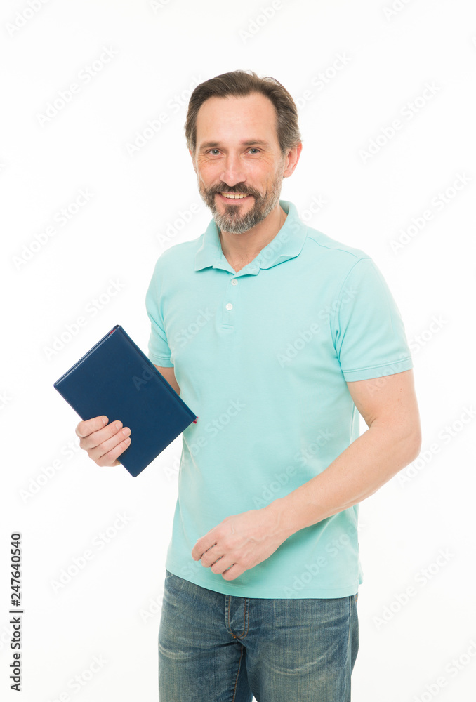 Useful information. Self education. Home education and self improvement. Education for adult. Never too late to study. Man bearded hold book white background. Reading as hobby. More knowledge Useful information. Self education. Home education and self improvement. Education for adult. Never too late to study. Man bearded hold book white background. Reading as hobby. More knowledge