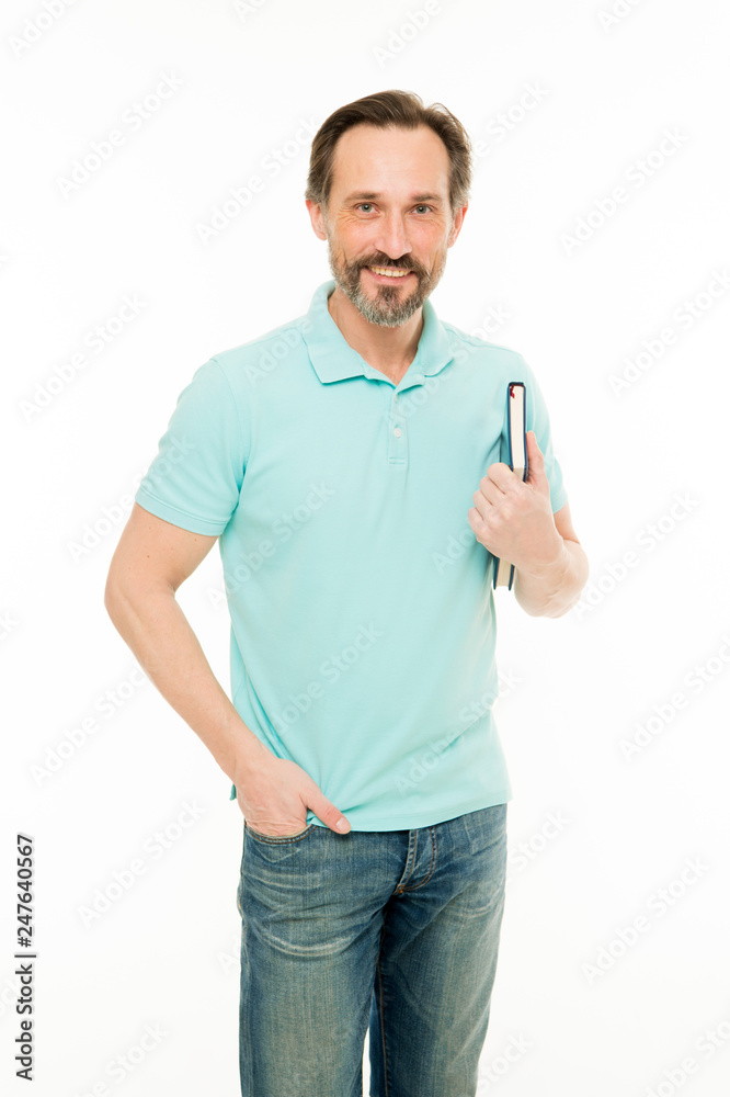 Home education and self improvement. Education for adult. Never too late to study. Man bearded hold book white background. Reading as hobby. More knowledge. Useful information. Self education