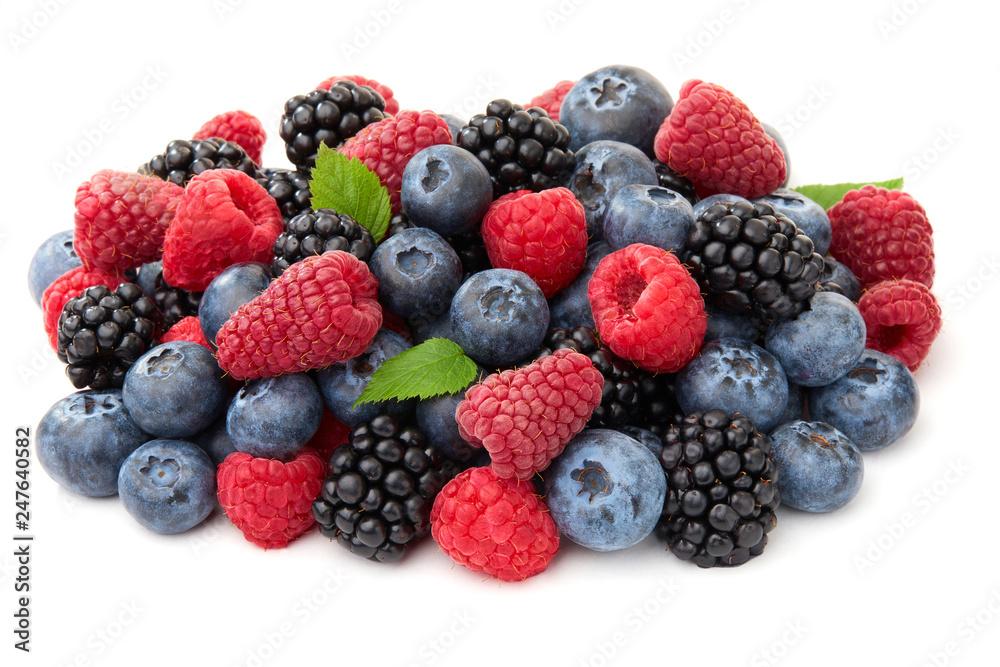 Close-up arrangement mixed, assorted berries including blackberries, blueberry, raspberries Close-up arrangement mixed, assorted berries including blackberries, blueberry, raspberries