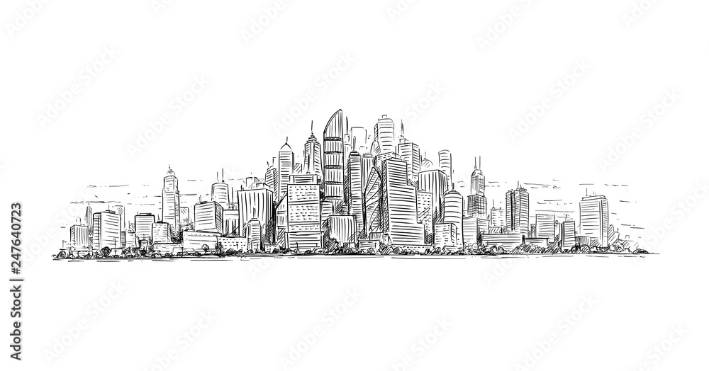 Artistic sketchy pen and ink drawing illustration of generic city high rise cityscape landscape with skyscraper buildings.