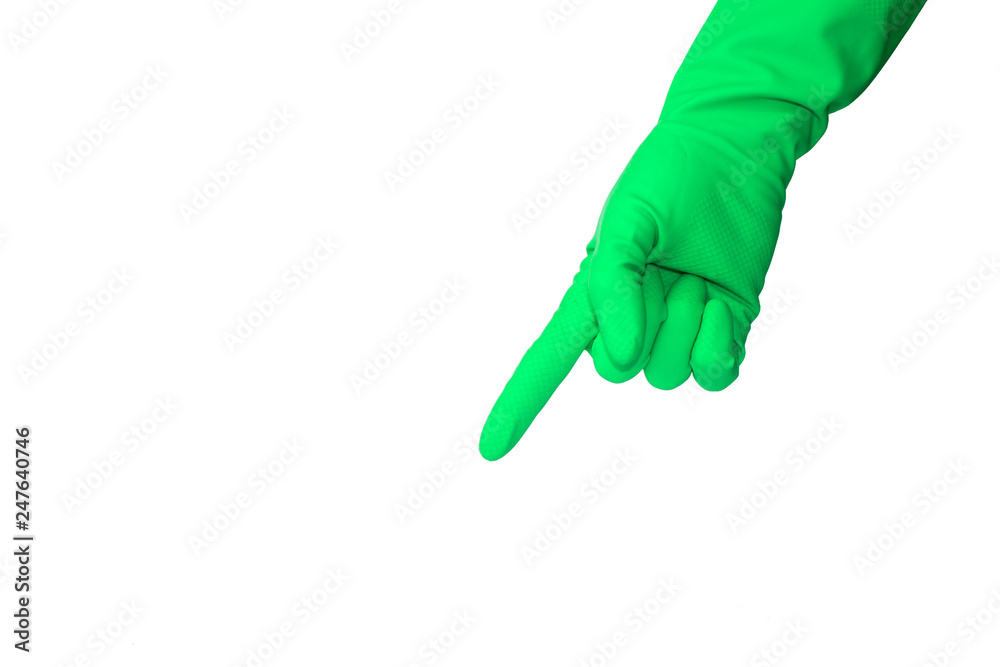 Hand in latex long glove showing something down, number one