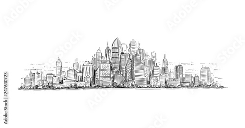 Artistic sketchy pen and ink drawing illustration of generic city high rise cityscape landscape with skyscraper buildings. © Zdenek Sasek