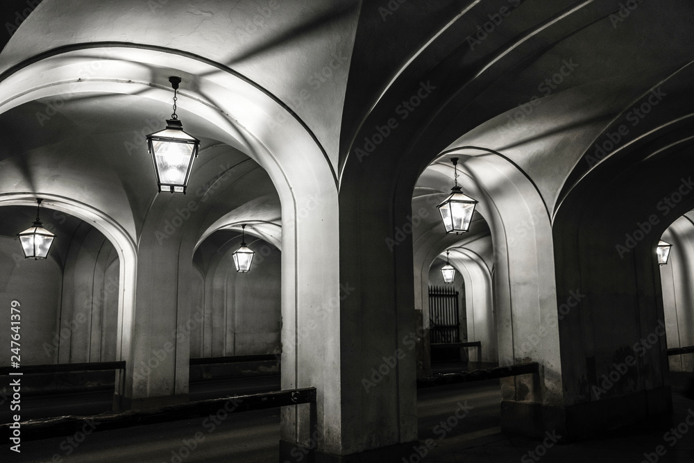 The night lamps inside of the arcs in Hofburg, Wien, Austria, made in grayscales