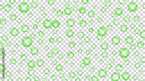 Translucent bubbles or water drops of different sizes in green colors on transparent background. Transparency only in vector format