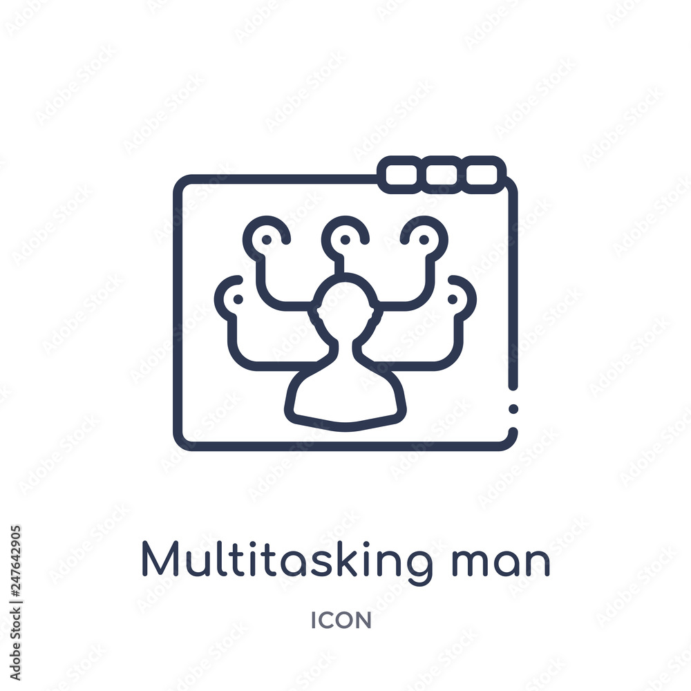 multitasking man icon from web outline collection. Thin line multitasking man icon isolated on white background. multitasking man icon from web outline collection. Thin line multitasking man icon isolated on white background.