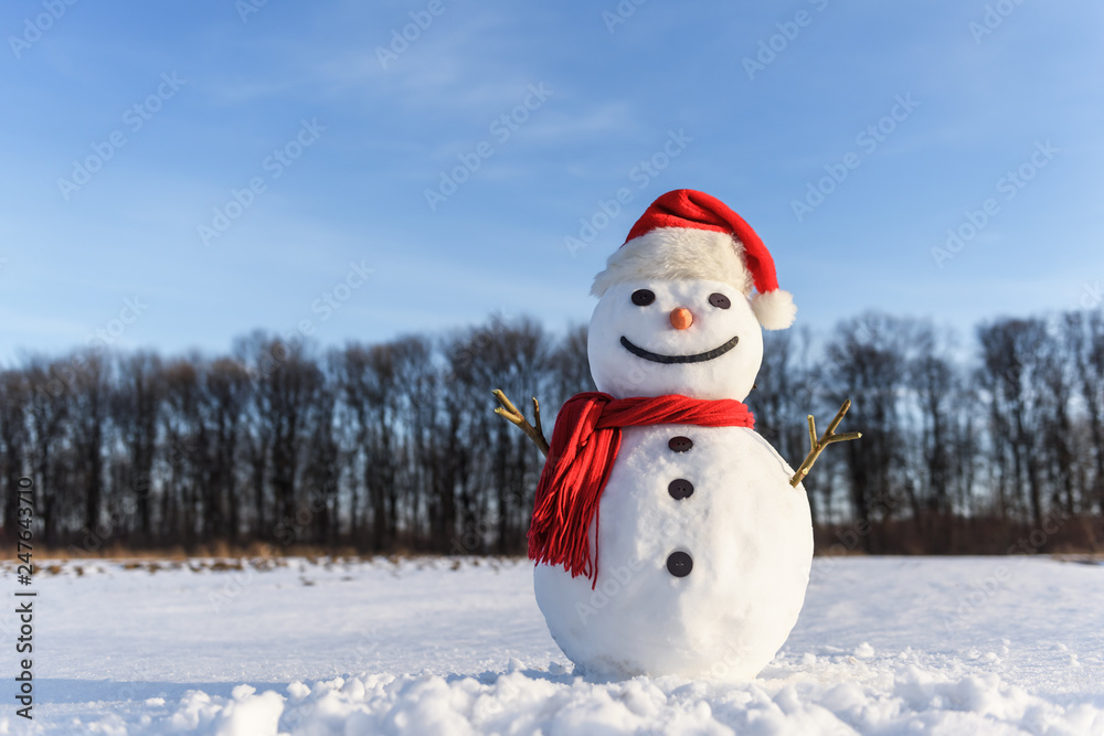 Funny snowman in santa hat and red scalf on snowy field. Christmass and New Year background