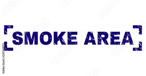 SMOKE AREA text seal print with grunge texture. Text tag is placed between corners. Blue vector rubber print of SMOKE AREA with unclean texture.