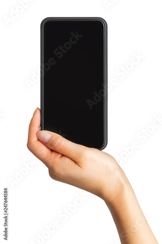 Women's hand showing black smartphone, concept of mobile shopping