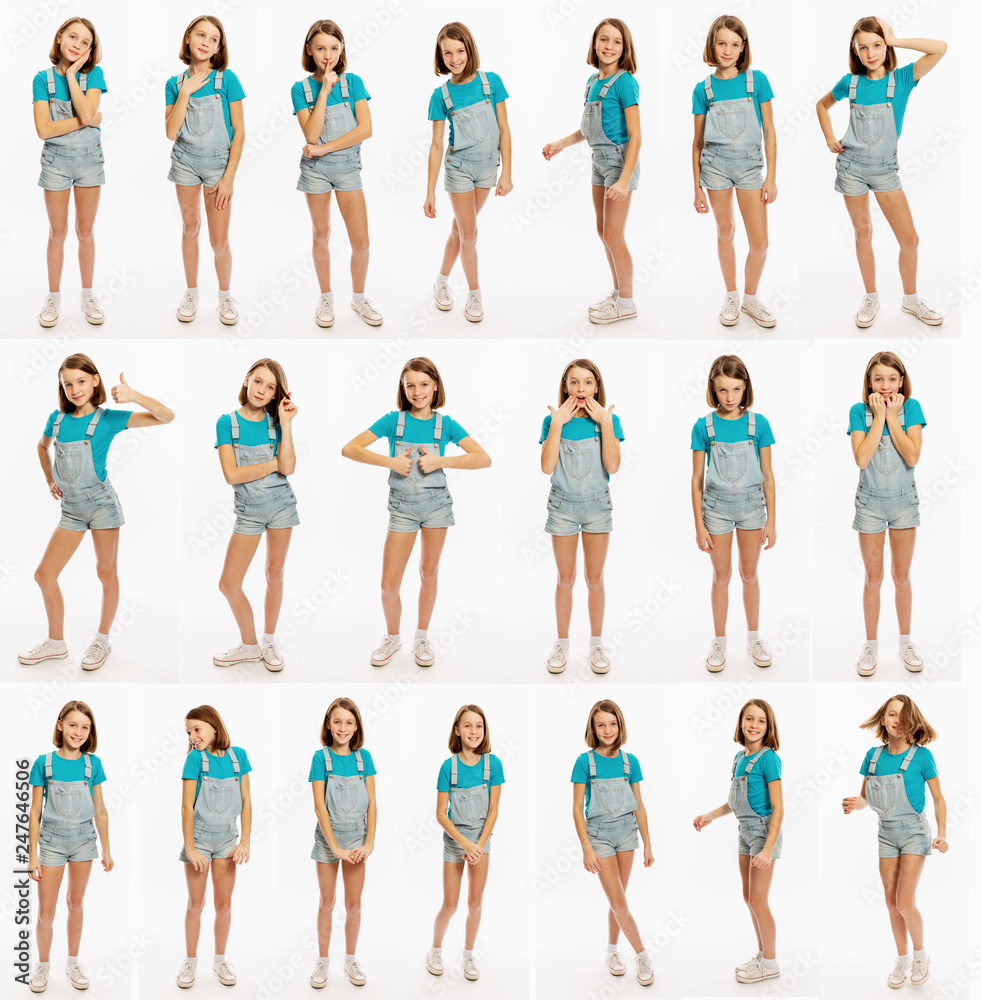 Set of emotional pictures of teen girl, full height, close-up, white background