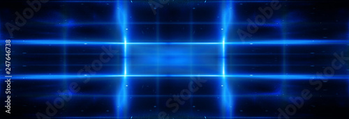 Abstract blue neon background with rays and lines.