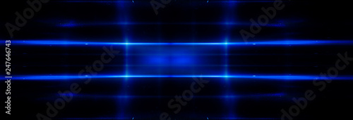 Abstract blue neon background with rays and lines.