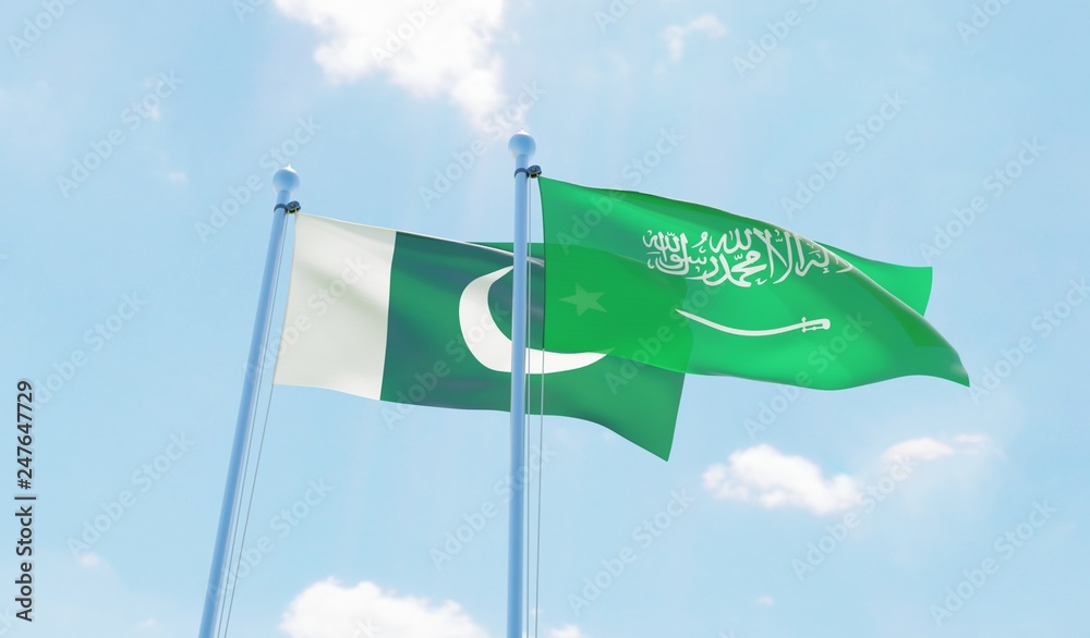 Saudi Arabia and Pakistan, two flags waving against blue sky. 3d image Saudi Arabia and Pakistan, two flags waving against blue sky. 3d image