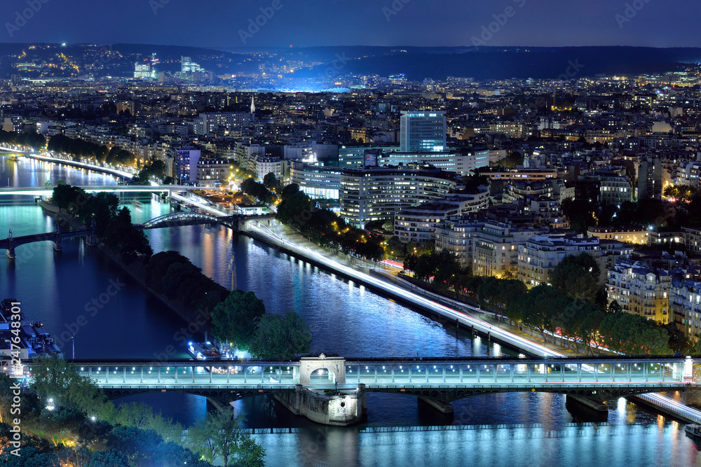 Aerial view on the Seine river from Eiffel Tower at night