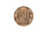 A macro image of an Chilean fifty peso coin isolated on a white background