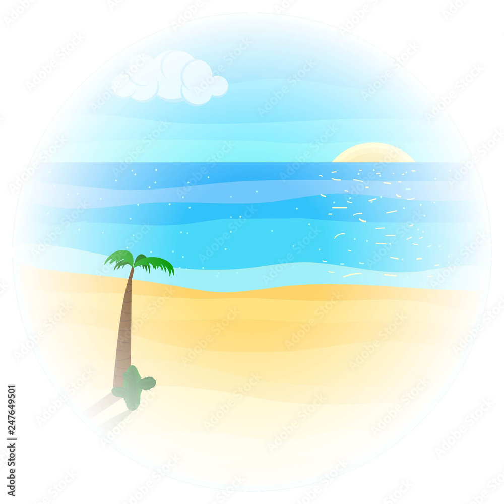 Summer Seascape. Blue Ocean and Yellow Sand Beach. Poster in a Flat Style. Raster Illustration