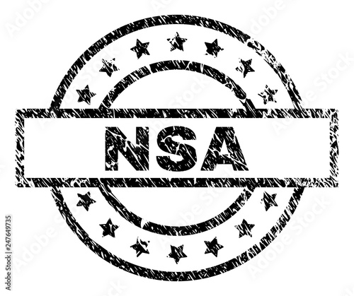 NSA stamp seal watermark with distress style. Designed with rectangle, circles and stars. Black vector rubber print of NSA text with dust texture.