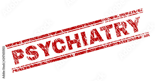 PSYCHIATRY seal print with grunge style. Red vector rubber print of PSYCHIATRY title with unclean texture. Text title is placed between double parallel lines.