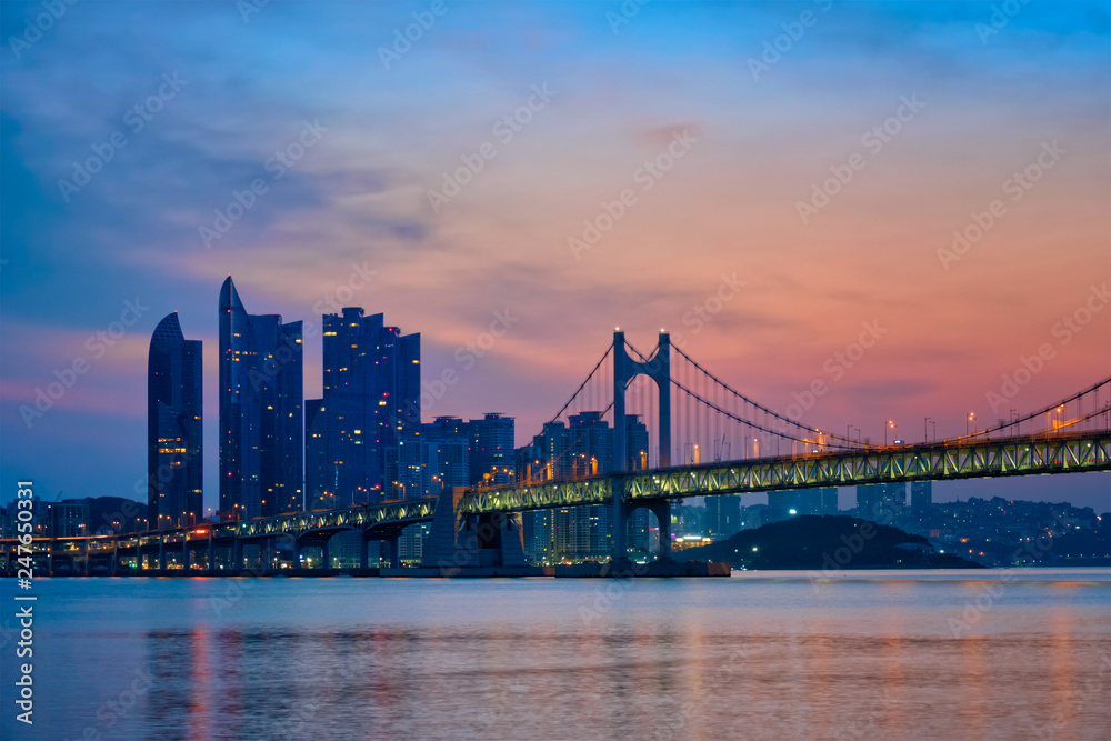 Gwangan Bridge on sunrise. Busan, South Korea Gwangan Bridge on sunrise. Busan, South Korea