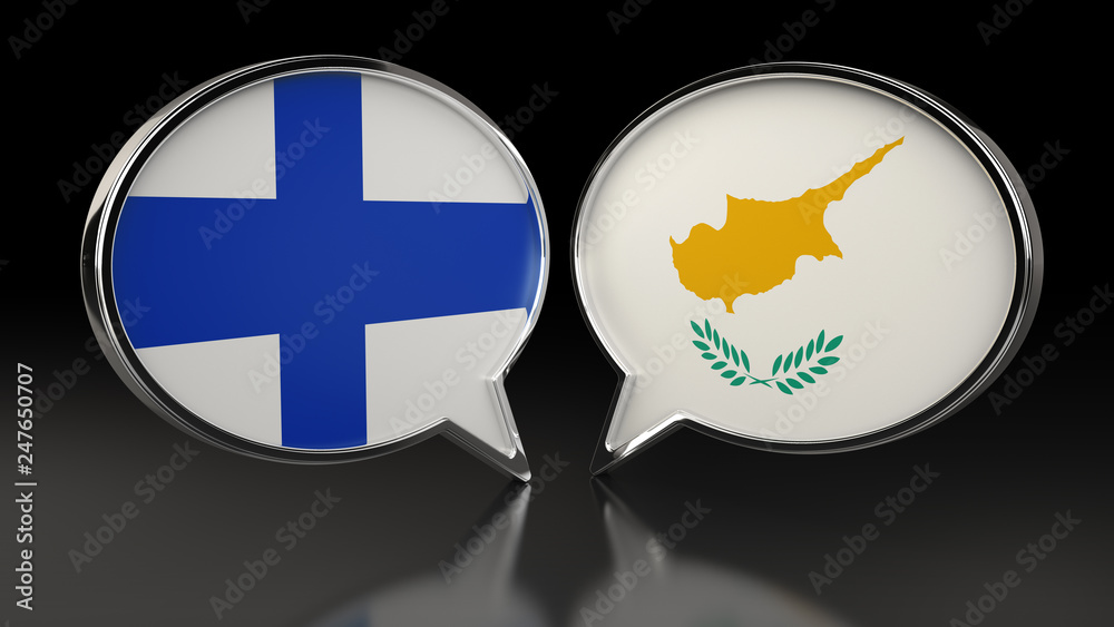 Finland and Cyprus flags with Speech Bubbles. 3D illustration Finland and Cyprus flags with Speech Bubbles. 3D illustration