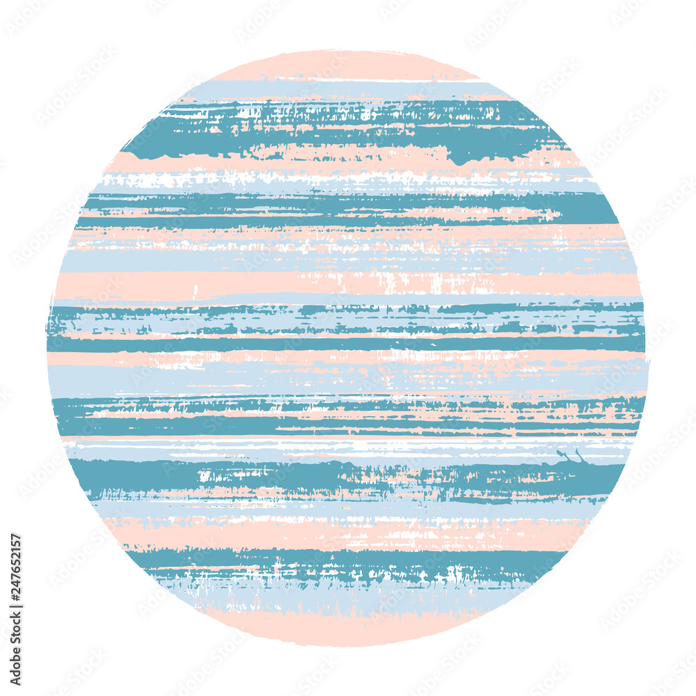 Hipster circle vector geometric shape with striped texture of ink horizontal lines. Old paint texture disc. Stamp round shape logotype circle with grunge background of stripes.