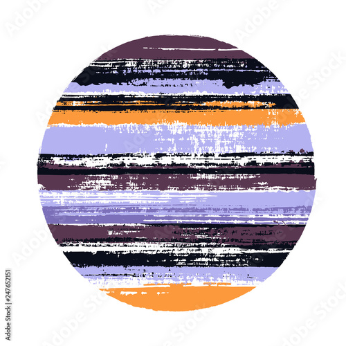 Hipster circle vector geometric shape with stripes texture of ink horizontal lines. Disc banner with old paint texture. Badge round shape logotype circle with grunge stripes background.