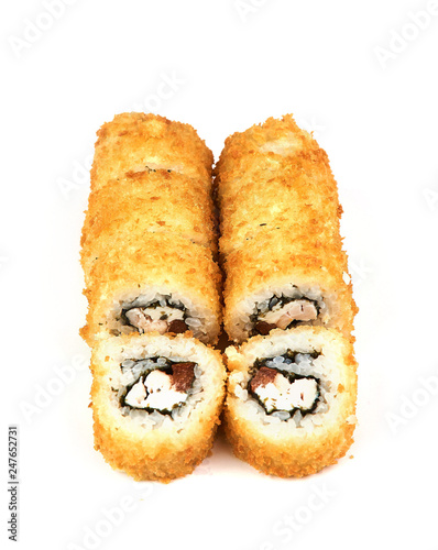 Sushi, hot roll in batter a white background. Japanese food