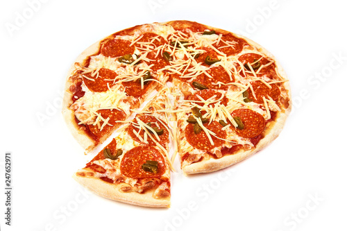 pizza and slice with sausage and jalapeno on white background