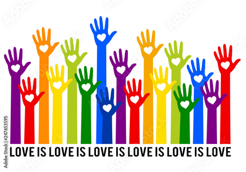 Rainbow hands with hearts, love is love, vector illustration