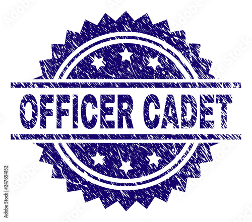 OFFICER CADET stamp seal watermark with distress style. Blue vector rubber print of OFFICER CADET text with unclean texture.