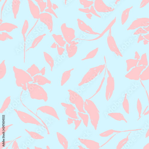 Gentle blue vintage seamless pattern with pink roses silhouettes. Romantic retro flowers texture for textile, wrapping paper, surface, wallpaper, background, package