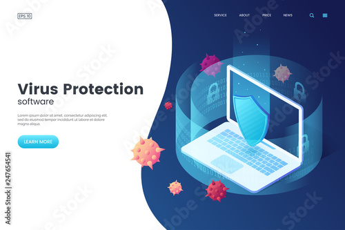 Virus protection vector illustration. Internet security. Cyber attack on the computer. Computer protection by antivirus software. Isometric concept. Protective laptop and shield.