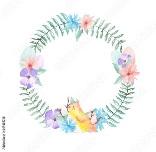 Watercolor wreath with flowers and bird 2