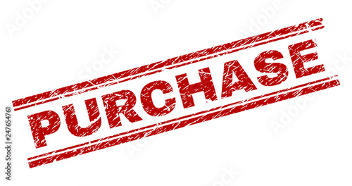 PURCHASE seal print with grunge effect. Red vector rubber print of PURCHASE tag with unclean texture. Text tag is placed between double parallel lines.