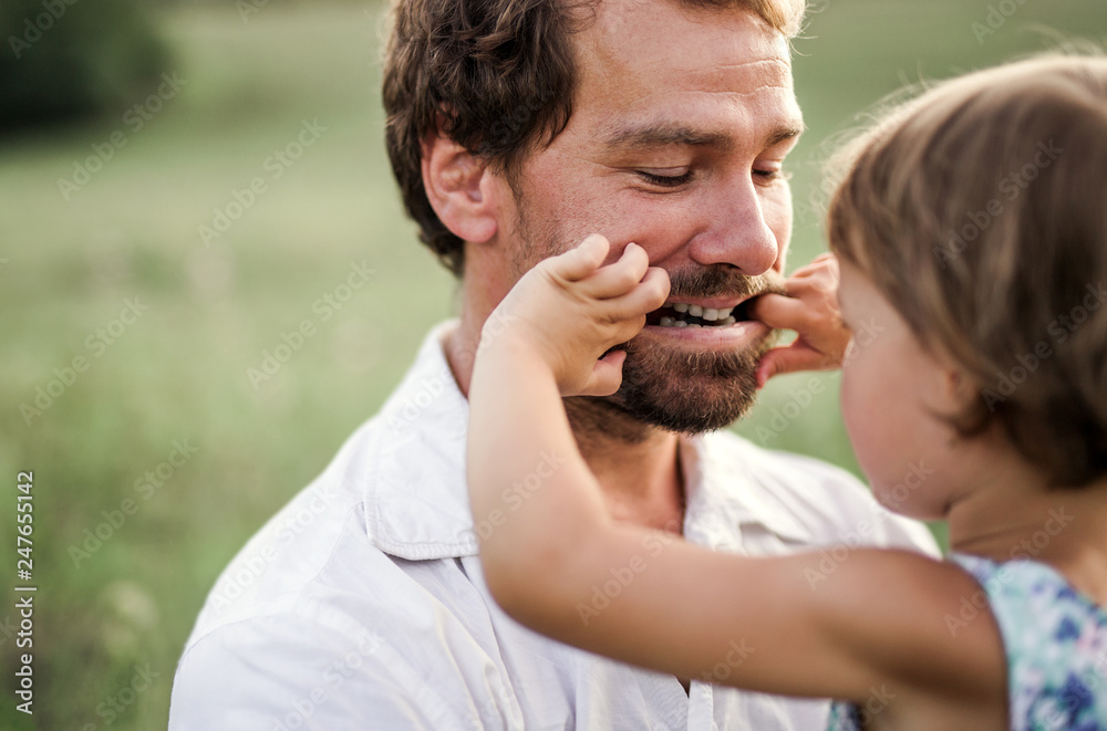 Fototapeta premium Young father in nature holding small daughter in the arms.