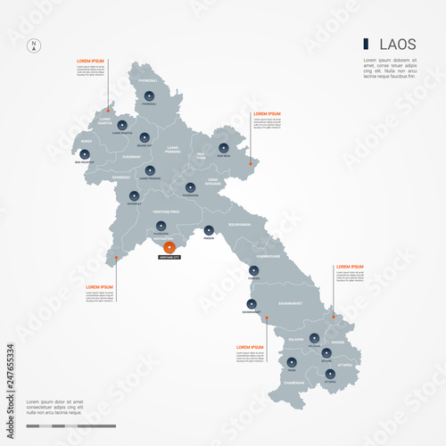 Laos map with borders, cities, capital and administrative divisions. Infographic vector map. Editable layers clearly labeled.