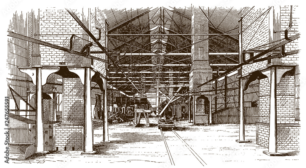 Interior view of a historical puddle mill building (after an etching or engraving from the 19th century)