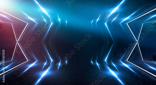 Abstract blue neon background with rays and lines. Abstract light neon rays