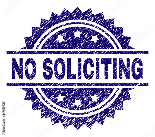 NO SOLICITING stamp seal watermark with distress style. Blue vector rubber print of NO SOLICITING title with dust texture.