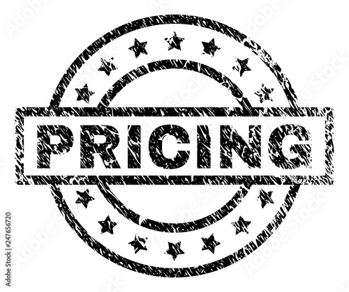 PRICING stamp seal watermark with distress style. Designed with rectangle, circles and stars. Black vector rubber print of PRICING text with unclean texture.