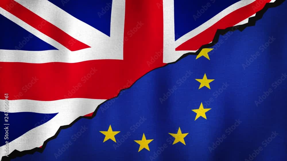 Brexit Union Jack and EU splitted flag waving in the wind. Closeup in 4k of realistic brexit concept flag with highly detailed fabric texture Brexit Union Jack and EU splitted flag waving in the wind. Closeup in 4k of realistic brexit concept flag with highly detailed fabric texture