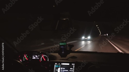 Car Driving Through laerdal Tunnel in the Norway.