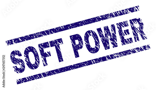 SOFT POWER seal print with distress style. Blue vector rubber print of SOFT POWER text with unclean texture. Text label is placed between parallel lines.