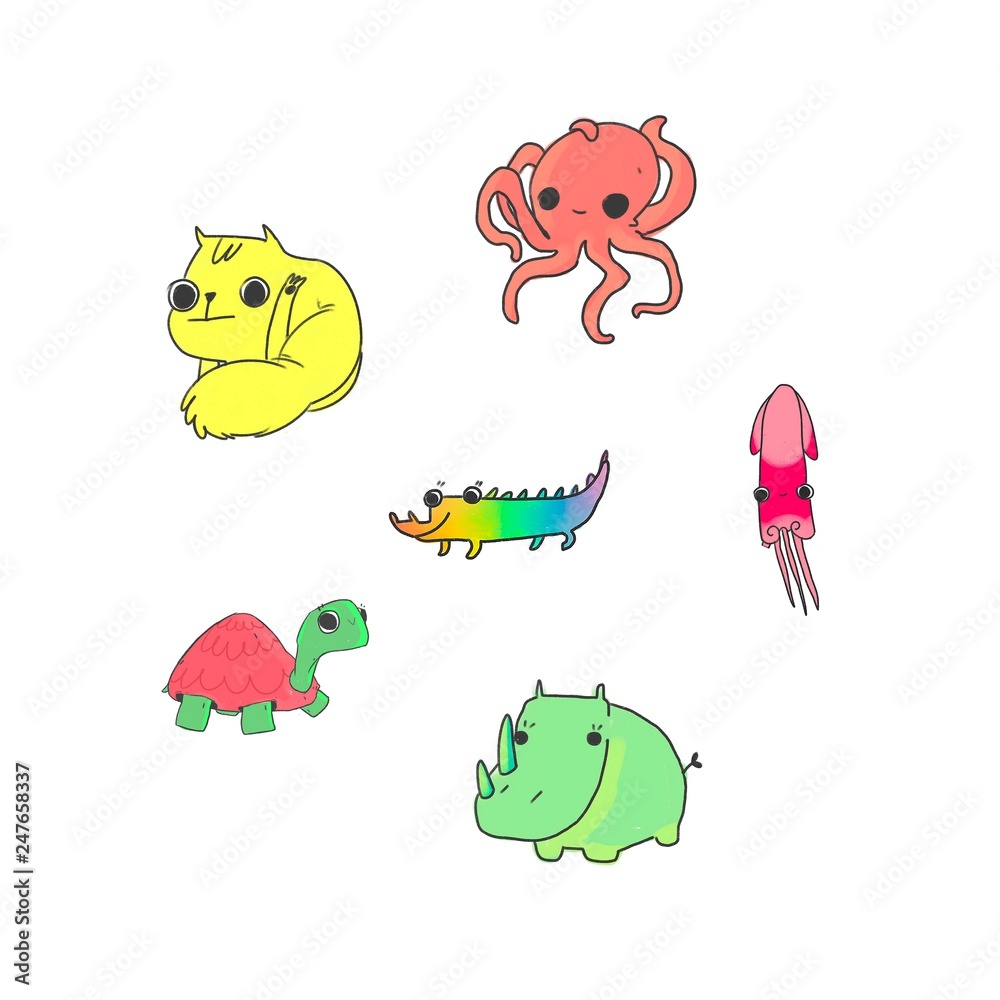 Fototapeta premium Colorful Cute Cartoon Happy set doodle animal isolated in white background. Cat Dog Hippo Rhino Crocodile. Cute characters for t-shirt printing